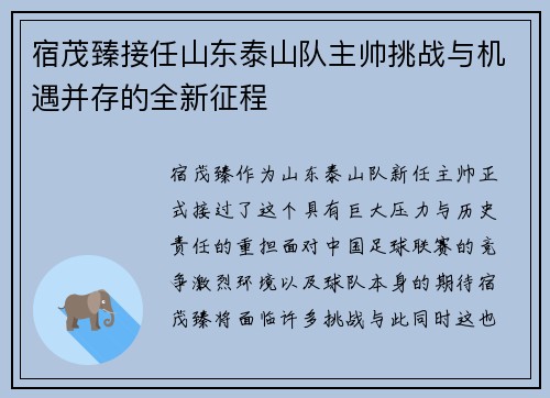 宿茂臻接任山东泰山队主帅挑战与机遇并存的全新征程